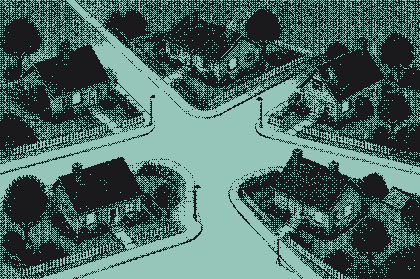 Five houses around a crossroads at night
