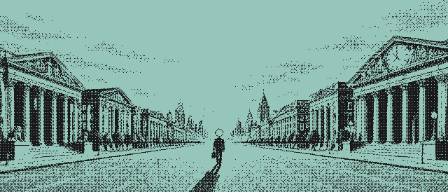 The lens-head detective walking down an avenue of stock exchanges at dawn