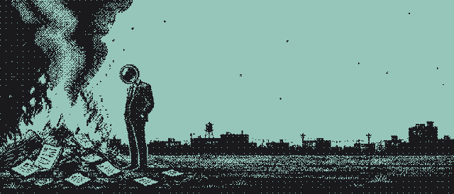 Papers burning in an empty lot at night, the lens-head detective watching
