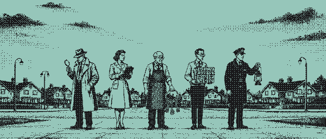Five detectives standing in a row on a suburban pavement at dusk