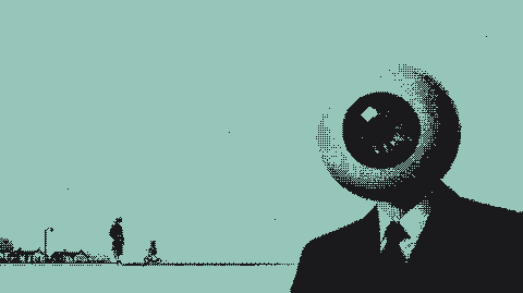 The lens-head detective on a quiet suburban street at dusk