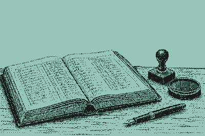 An open ledger with a brass stamp