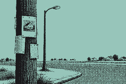 Notices pinned to a telephone pole on an empty suburban corner