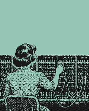 A switchboard operator plugging patch cables