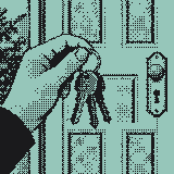 A hand holding house keys at a front door