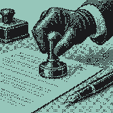 A gloved hand pressing a rubber stamp on a document